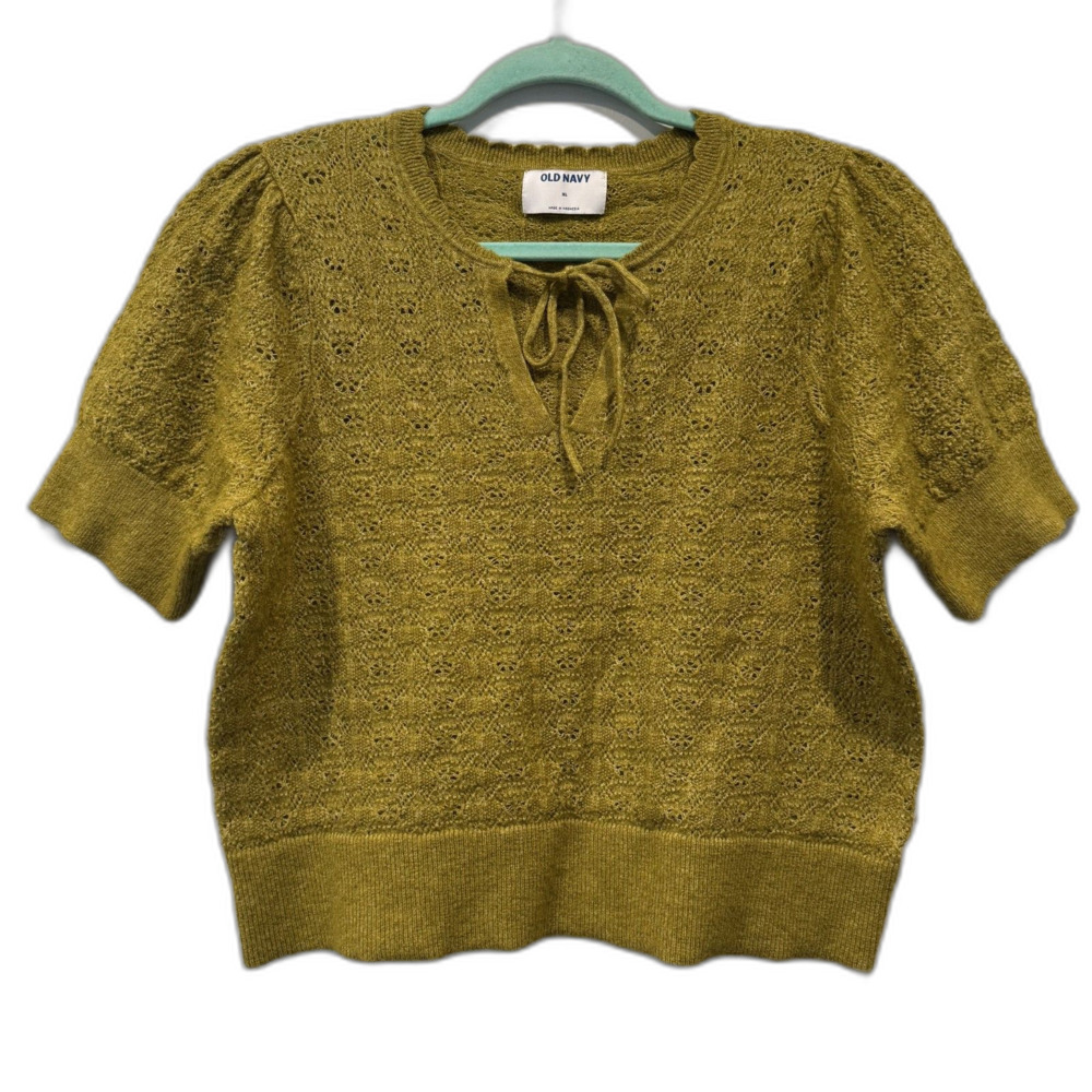Old Navy Sweater Top Relaxed Pointelle Knit Tie Neck Puff Sleeve Green Women XL